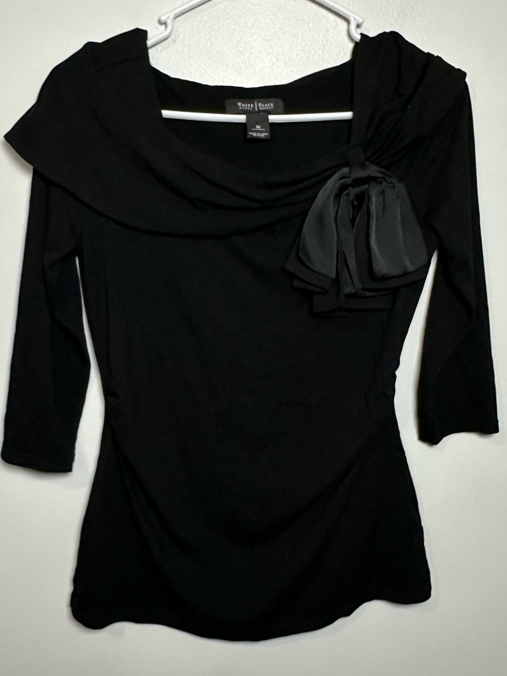 White House Black Market Black Draped Bow-Accent 3/4 Sleeve Top Size Medium